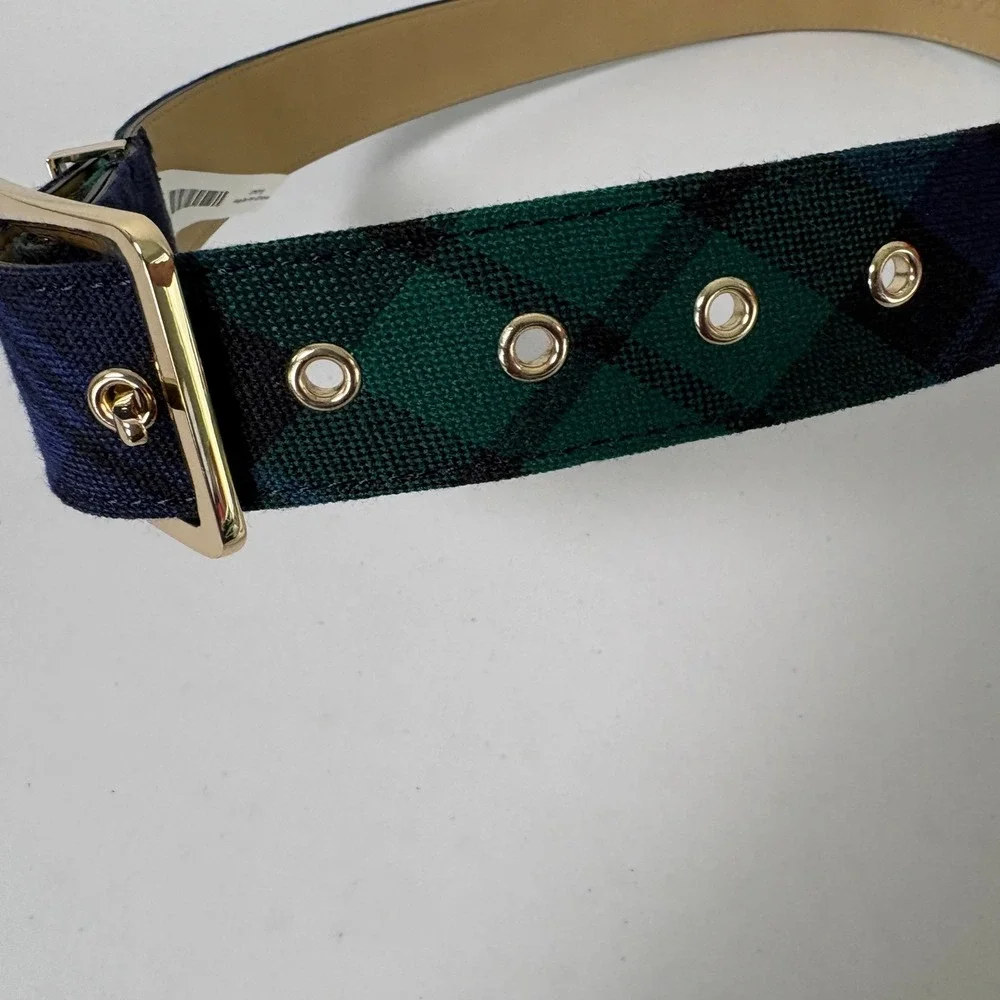 Talbots Black Watch Plaid Belt Womens M Blue Green Wool Blend Gold Buckle